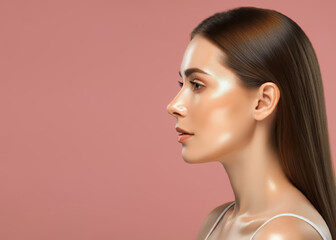 Fototapeta premium Beautiful young woman in profile with healthy shiny skin, gorgeous girl after morning beauty cosmetic routine finishes daily makeup on pink background, youth and skin care