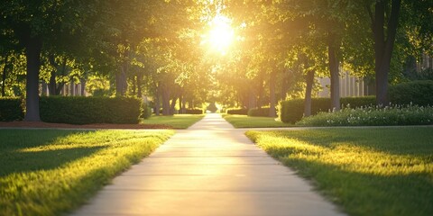 Obraz premium Serene pathway illuminated by sunlight, surrounded by lush greenery.