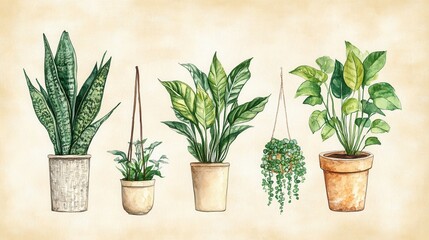 Fototapeta premium Detailed botanical watercolor illustration. Plants in the plant pots