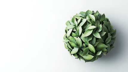 3D Render of a Green Earth Globe Made of Leaves, Symbolizing Ecology and Sustainability Against a White Background with Subtle Shadowing