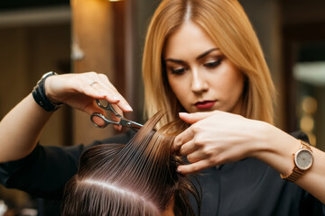 Naklejka premium Professional Hairstylist Cutting on Wet Hair with Professionalism and Precision Professional beauty salon worker executing perfect ends trimming. Hair styling concept