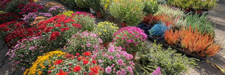 A vibrant market display of colorful autumn flowers ideal for celebrating harvest festivals or enhancing garden aesthetics