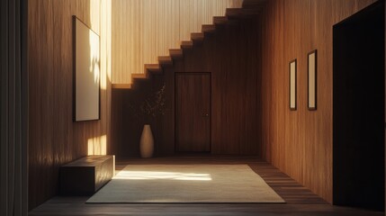 Fototapeta premium Minimalist entryway with soft wood planks, contrasting walnut walls, and a staircase leading to the upper floor