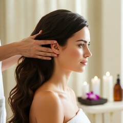 Fototapeta premium Brunette woman receives a skilled head and shoulders massage in spa salon, beautiful lady in a towel with perfect skin gets a relaxing massage, luxury professional massage service