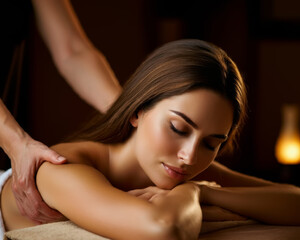 Obraz premium Beautiful young woman getting massage in dark warm spa salon