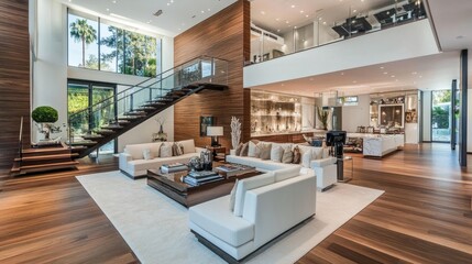 Stylish living area with seamless plank flooring and sleek walnut wall coverings alongside a floating staircase.