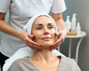 Middle aged woman receiving facial massage in beauty salon spa, anti aged massage and skincare, beautiful woman, cosmetology specialist making facial lifting massage