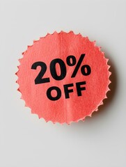 Black '20% OFF' Text on a Light Red Round Paper Note. White Background 