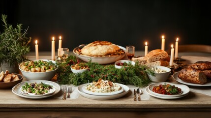 Festive Dinner Table Setting with Candles  Food  and Greenery