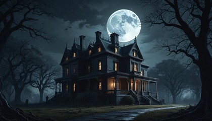 Fototapeta premium A dark and foreboding gloomy mansion surrounded by twisted trees, bathed in dramatic moonlight, inviting tales of haunting and spectral presence, Generative AI
