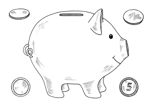 recommend clip art: Vector illustration of a piggy bank, for savings and budgeting themes. This hand drawn clipart features a moneybox for kids, coins like pennies, nickels, and quarters. The clean line art drawing
