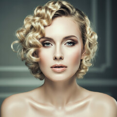 Fototapeta premium Beautiful model woman with short hair .Beauty girl with blonde curly hairstyle dye, fashion, spa, salon, cosmetics and makeup
