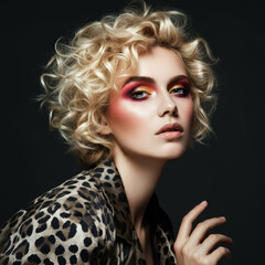 Fototapeta premium Beautiful model woman with short hair .Beauty girl with blonde curly hairstyle dye, fashion, spa, salon, cosmetics and makeup