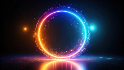 Obraz premium A shimmering, luminous ring of light with a soft glow and colorful particles swirling around it, illuminating the dark background.