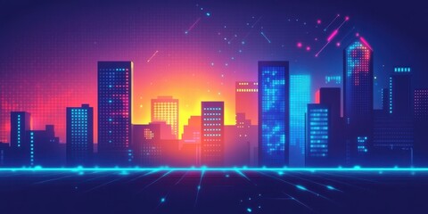 Colorful city skyline at dusk with vibrant lights and digital effects.