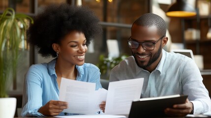 Fototapeta premium Two business executives discussing financial legal papers in office at meeting. Smiling female lawyer adviser consulting mid aged client at meeting. Mature colleagues doing project paperwork overview