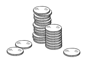 Vector illustration of a stack of coins currency. This hand drawn sketch features various coins, symbolizing financial growth and wealth management. The black and white outline art