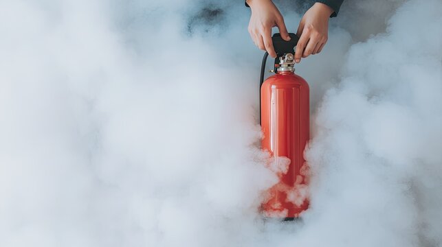 Firefighter actively extinguishing flames with a fire extinguisher amidst billowing smoke in a dramatic safety training scenario