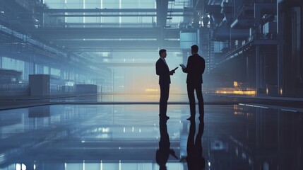 Two businessmen with tablet talking in a modern factory