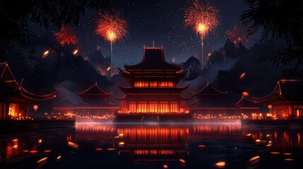 Fototapeta premium Enchanting night scene of a traditional temple with fireworks
