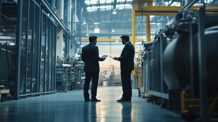 Two businessmen with tablet talking in a modern factory