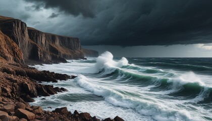Obraz premium An unsettling eerie desolate landscape dominated by rocky cliffs and a turbulent sea, where waves crash violently under a stormy sky, creating a nightmarish spectacle, Generative AI