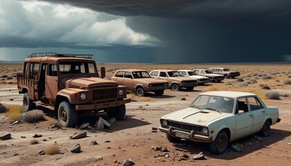A grim eerie desolate landscape featuring rusted vehicles and debris scattered across barren land, under a stormy sky, inviting a sense of nightmarish dread, Generative AI