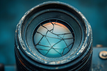 Close-up of a damaged camera lens showcasing a cracked surface and colorful reflection, highlighting wear and tear.