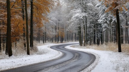Curved Winter Road Surrounded by Snowy and Autumn Trees