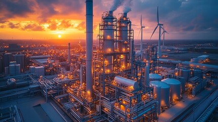 A biofuel plant glows under sunrise, showcasing its commitment to sustainable energy production and environmental responsibility.