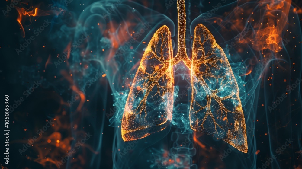 Aufkleber an abstract composition of a human lung with glowing pathways representing airflow, set against a da