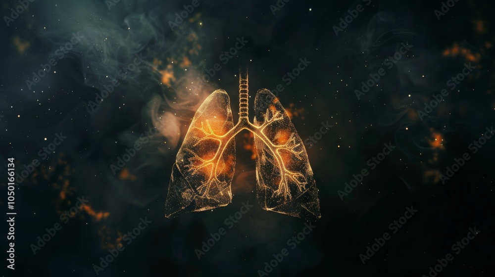 Fototapete an abstract composition of a human lung with glowing pathways representing airflow, set against a da