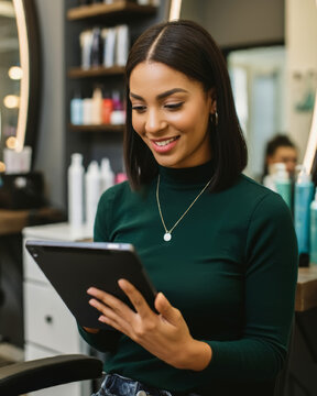 Beauty work, woman with tablet in hair salon for job, planning and reading online appointment. Small business, client booking, portfolio and information
