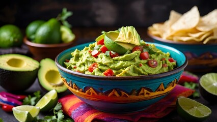 Deliciously Vibrant Guacamole Served in a Colorful Bowl With Fresh Ingredients and Tortilla Chips on a Festive Table