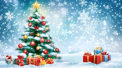 Fototapeta premium A vector Christmas design featuring a decorated tree with colorful ornaments, presents, and snowflakes in a simple, modern style on a bright background 