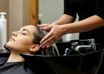 Fototapeta premium woman or hands of hairdresser with customer in salon or basin for washing treatment. Rinse, scalp and grooming service for client, person or shampoo cosmetics for beauty, wellness or spa, cleaning