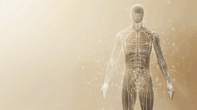 An abstract depiction of a human body with highlighted acupuncture points against a neutral background, macro shot, Minimalist style