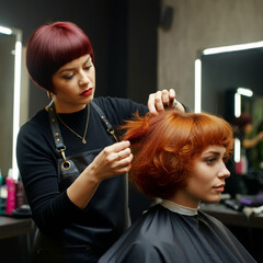 Naklejka premium A professional hairdresser adjusting a customer's hair in the salon, concept of meticulous hair care and customer-centered service