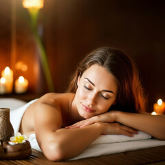 Naklejka premium Beautiful woman enjoying relaxation atmosphere during full body massage at spa, room decorated with candles