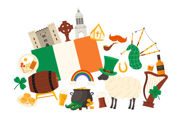 Travel to Ireland, Irish culture elements and famous Saint Patrick Day items, landmarks in infographic collage. Ashford Castle, hat and shoes, leprechauns pot of gold cartoon vector illustration