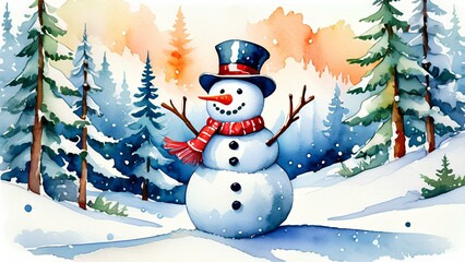 Obraz premium A playful snowman dancing joyfully in a snow-laden forest, with pine trees covered in snow, capturing the essence of winter magic.