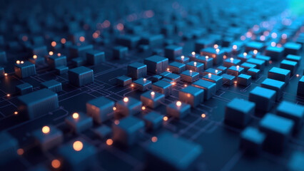 Obraz premium A high-tech circuit board with numerous squares and glowing dots, indicative of microchips or LEDs.