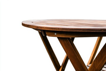 The sturdy wooden patio table stands isolated, showcasing its natural finish and inviting design, ideal for outdoor gatherings and leisurely afternoons in any garden or terrace.