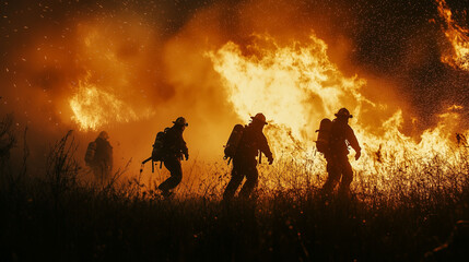 Firefighters are actively working to combat a fierce wildfire in a dry, grassy area during the evening. The flames rise high as they strive to control the blaze
