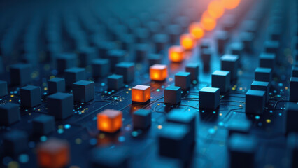 Fototapeta premium Circuit board with glowing LEDs and cubed elements.