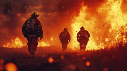 Three firefighters work tirelessly to combat a raging wildfire in a rural landscape. The flames engulf the area, highlighting their dedication and bravery