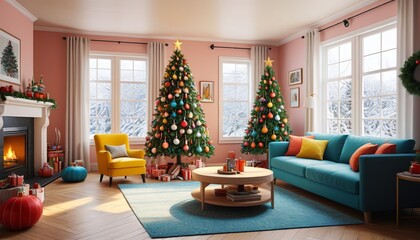 A whimsical living room Christmas interior featuring bright colors, playful ornaments, and a quirky tree design that brings joy and creativity to the holiday season, Generative AI