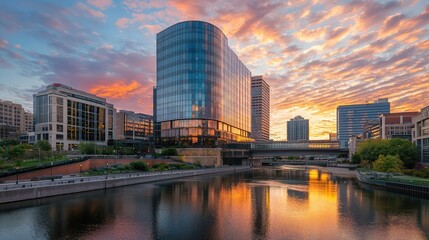 Obraz premium Stunning Sunset Over Financial District Skyline