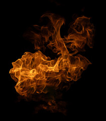 Fire and burning flame of explosive fireball isolated on dark background for abstract graphic design