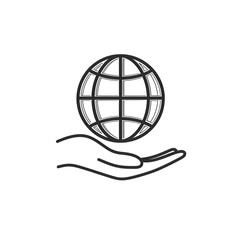 line art drawing of hands holding a globe. Vector illustration isolated on white background